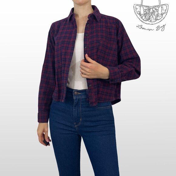 Wild Fable / Cropped Oversize Flannel Plaid Shirt / Size XS / Color Blue Red - Picture 1 of 6